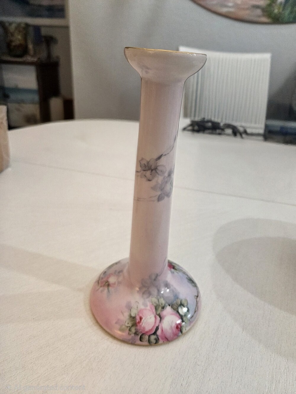 Hand Painted Limoges Pink Roses Signed By Artist Candlestick